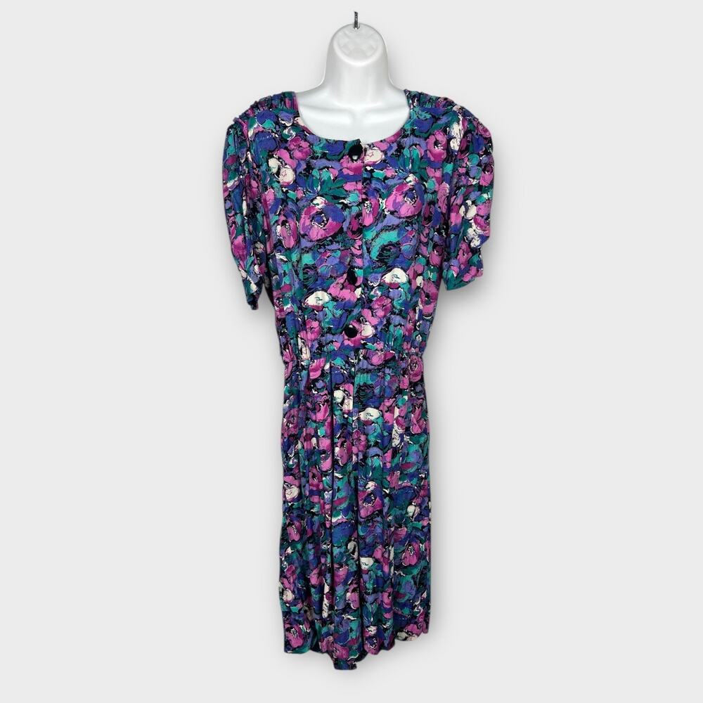 Vintage Floral Culotte Romper Dress‎ Purple Black Secretary Style Medium/12
